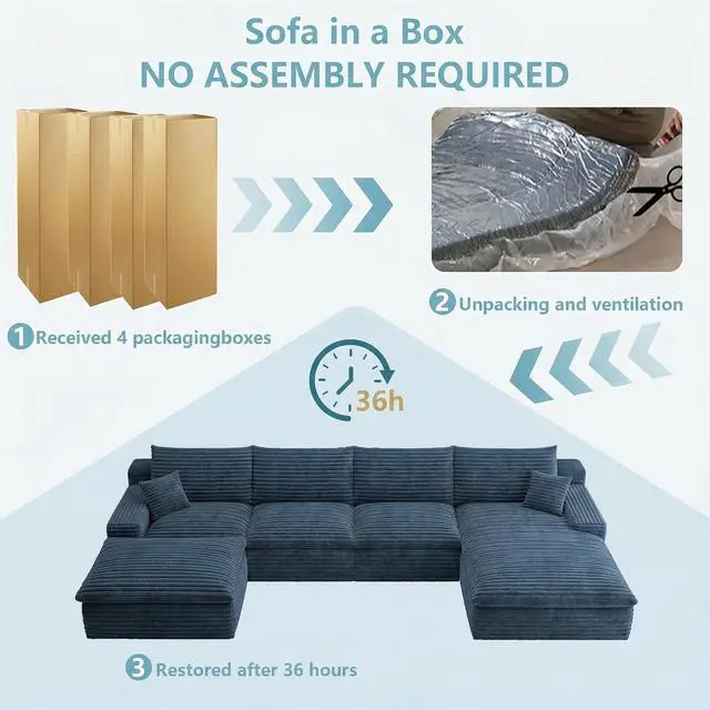 Alt view image 7 of 7 - 136" Cloud Sectional Couch with U-Shaped Chaise,Corduroy Viral Boneless Sofa with Ottoman,Memory Foam Couches in a Box with Deep Seat for Living Room,No Assembly Required (Blue,Right-Facing Chaise)