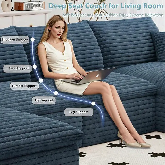 Alt view image 5 of 7 - 136" Cloud Sectional Couch with U-Shaped Chaise,Corduroy Viral Boneless Sofa with Ottoman,Memory Foam Couches in a Box with Deep Seat for Living Room,No Assembly Required (Blue,Right-Facing Chaise)