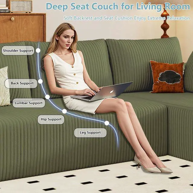 Alt view image 4 of 6 - 96" Cloud Sectional Couch with L-Shape Chaise, Modern Corduroy Boneless Couch for Living Room,Memory Foam Sofa with Deep Seat,No Assembly Required (Green,Right-Facing Chaise)