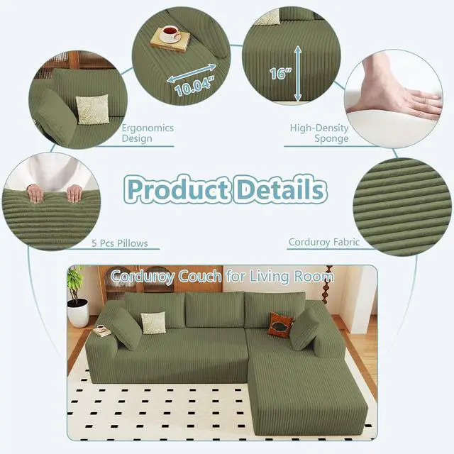 Alt view image 5 of 6 - 96" Cloud Sectional Couch with L-Shape Chaise, Modern Corduroy Boneless Couch for Living Room,Memory Foam Sofa with Deep Seat,No Assembly Required (Green,Right-Facing Chaise)