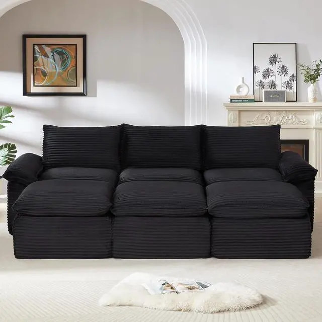 Alt view image 5 of 6 - 111" Cloud Sectional Couch,Corduroy Viral Boneless Sofa with Ottomans,Memory Foam Couces in a Box with Deep Seat for Living Room,No Assembly Required (Black)