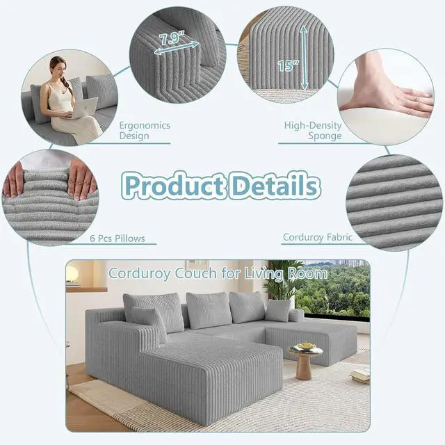 Alt view image 3 of 7 - 107" W Cloud Sectional Couch with Ottoman,Modern U-Shaped Cloud Couch with Deep Seat,Comfy Corduroy 3-Seater Sofa,Memory Foam Sofa for Living Room,No Assembly (Grey)