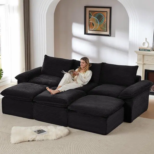 Main image of 111" Cloud Sectional Couch,Corduroy Viral Boneless Sofa with Ottomans,Memory Foam Couces in a Box with Deep Seat for Living Room,No Assembly Required (Black)