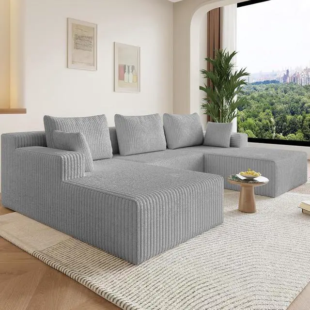 Alt view image 4 of 7 - 107" W Cloud Sectional Couch with Ottoman,Modern U-Shaped Cloud Couch with Deep Seat,Comfy Corduroy 3-Seater Sofa,Memory Foam Sofa for Living Room,No Assembly (Grey)