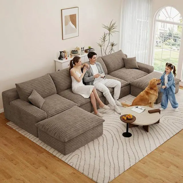Main image of 136" Cloud Sectional Couch with U-Shaped Chaise,4-Seater Corduroy Viral Boneless Sofa with Ottoman,Memory Foam Couches in a Box with Deep Seat for Living Room,No Assembly Required, Camel