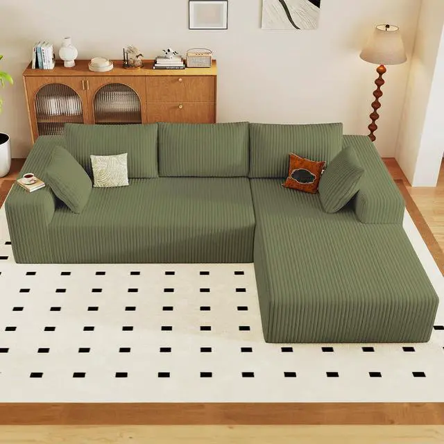 Alt view image 3 of 6 - 96" Cloud Sectional Couch with L-Shape Chaise, Modern Corduroy Boneless Couch for Living Room,Memory Foam Sofa with Deep Seat,No Assembly Required (Green,Right-Facing Chaise)