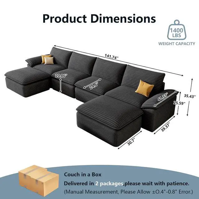 Alt view image 2 of 6 - 142" Cloud Sectional Couch with U-Shaped Chaise,Corduroy Viral Boneless Sofa with Ottoman,Memory Foam Couces in a Box with Deep Seat for Living Room,No Assembly Required (Dark Grey)