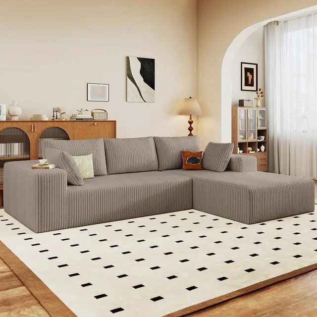 Alt view image 3 of 7 - 96" Boneless Couches for Living Room,Cloud Sectional Couch with L-Shape Chaise, Modular Corduroy Memory Foam Sofa with Deep Seat for Apartment, No Assembly Required(Camel,Right-Facing Chaise)