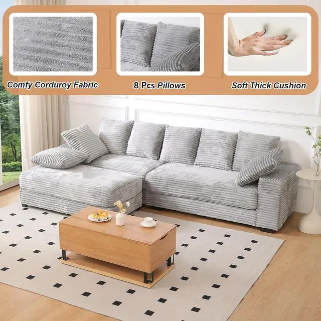 Alt view image 3 of 7 - 108.6" Corduroy Modular Sectional Sofa with Ottoman & Storage, Modern Deep-Seat L-Shaped Sectional with 8 Pillows, Cloud-Like Couch for Living Room, Office & Apartment, Light Grey