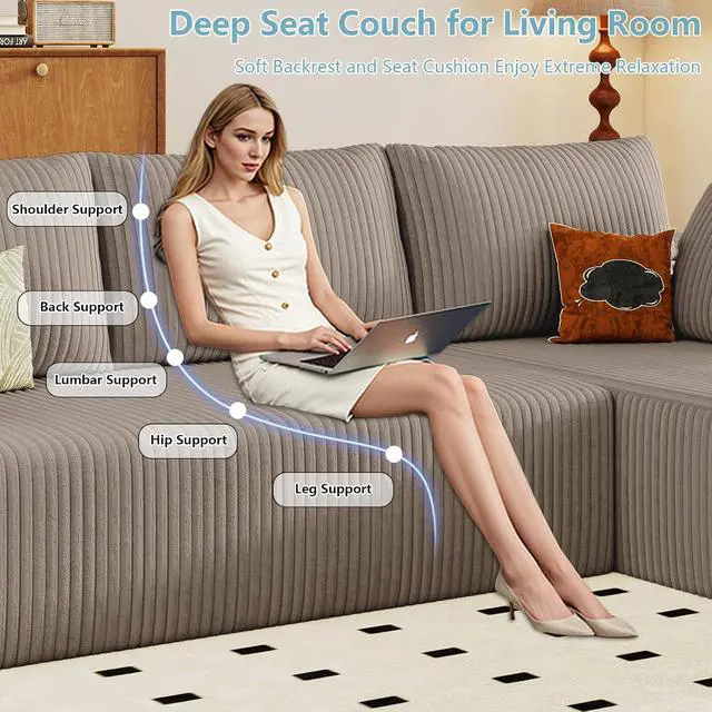 Alt view image 4 of 7 - 96" Boneless Couches for Living Room,Cloud Sectional Couch with L-Shape Chaise, Modular Corduroy Memory Foam Sofa with Deep Seat for Apartment, No Assembly Required(Camel,Right-Facing Chaise)