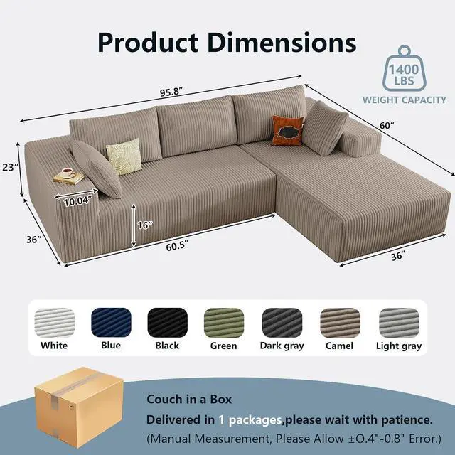 Alt view image 2 of 7 - 96" Boneless Couches for Living Room,Cloud Sectional Couch with L-Shape Chaise, Modular Corduroy Memory Foam Sofa with Deep Seat for Apartment, No Assembly Required(Camel,Right-Facing Chaise)
