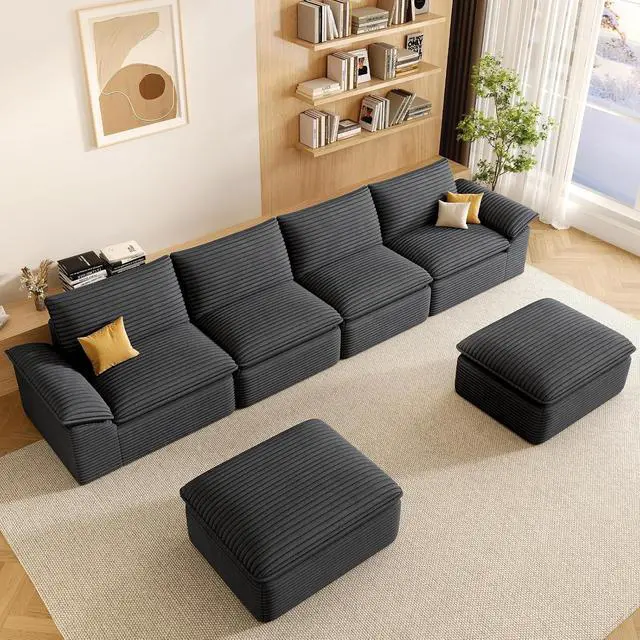 Alt view image 3 of 6 - 142" Cloud Sectional Couch with U-Shaped Chaise,Corduroy Viral Boneless Sofa with Ottoman,Memory Foam Couces in a Box with Deep Seat for Living Room,No Assembly Required (Dark Grey)