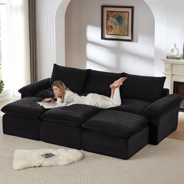 Alt view image 3 of 6 - 111" Cloud Sectional Couch,Corduroy Viral Boneless Sofa with Ottomans,Memory Foam Couces in a Box with Deep Seat for Living Room,No Assembly Required (Black)