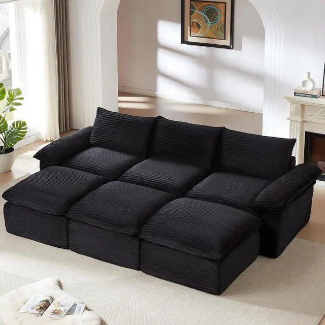 Alt view image 4 of 6 - 111" Cloud Sectional Couch,Corduroy Viral Boneless Sofa with Ottomans,Memory Foam Couces in a Box with Deep Seat for Living Room,No Assembly Required (Black)