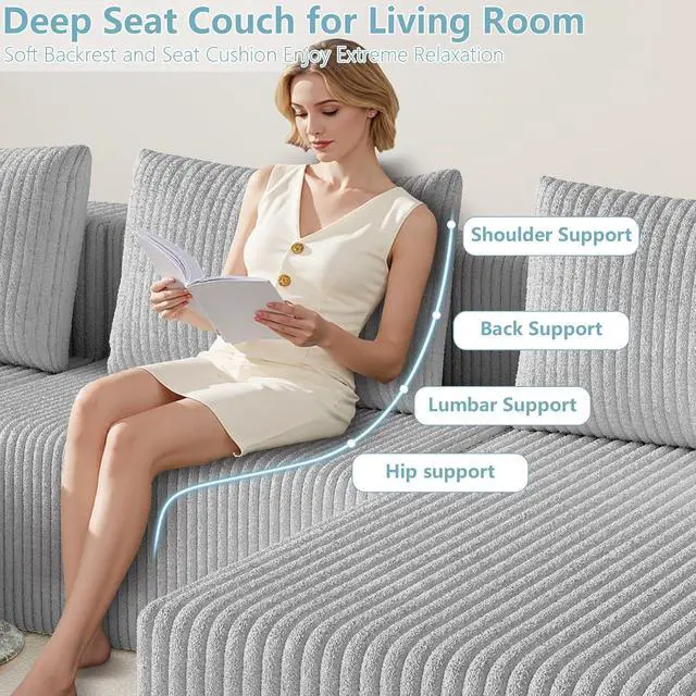 Alt view image 5 of 7 - 107" W Cloud Sectional Couch with Ottoman,Modern U-Shaped Cloud Couch with Deep Seat,Comfy Corduroy 3-Seater Sofa,Memory Foam Sofa for Living Room,No Assembly (Grey)