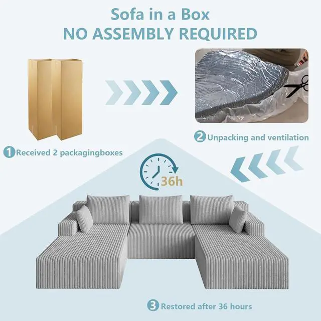 Alt view image 6 of 7 - 107" W Cloud Sectional Couch with Ottoman,Modern U-Shaped Cloud Couch with Deep Seat,Comfy Corduroy 3-Seater Sofa,Memory Foam Sofa for Living Room,No Assembly (Grey)