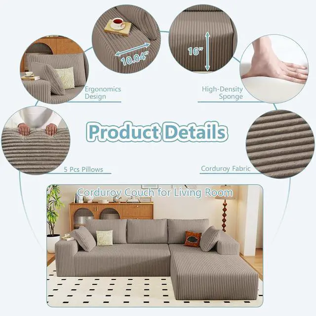 Alt view image 6 of 7 - 96" Boneless Couches for Living Room,Cloud Sectional Couch with L-Shape Chaise, Modular Corduroy Memory Foam Sofa with Deep Seat for Apartment, No Assembly Required(Camel,Right-Facing Chaise)