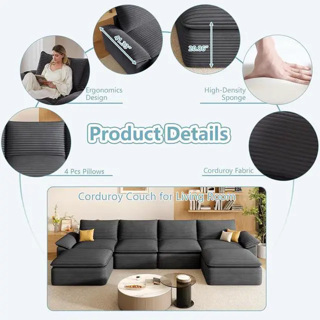 Alt view image 4 of 6 - 142" Cloud Sectional Couch with U-Shaped Chaise,Corduroy Viral Boneless Sofa with Ottoman,Memory Foam Couces in a Box with Deep Seat for Living Room,No Assembly Required (Dark Grey)