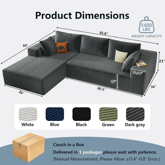 Alt view image 2 of 6 - 96" Cloud Sectional Couch with L-Shape Chaise, Modern Corduroy Boneless Couch for Living Room,Memory Foam Sofa with Deep Seat,No Assembly Required (Grey,Left-Facing Chaise)