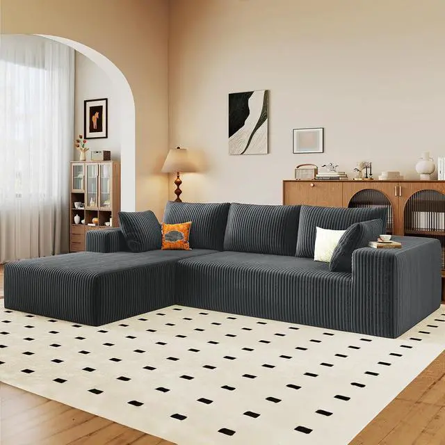 Alt view image 3 of 6 - 96" Cloud Sectional Couch with L-Shape Chaise, Modern Corduroy Boneless Couch for Living Room,Memory Foam Sofa with Deep Seat,No Assembly Required (Grey,Left-Facing Chaise)