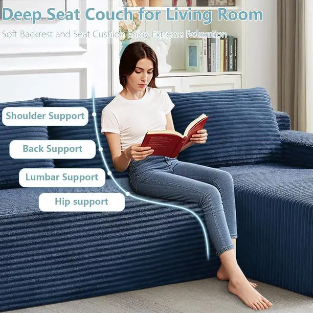 Alt view image 7 of 7 - 96" Cloud Sectional Couch with L-Shape Chaise, Modern Corduroy Boneless Couch for Living Room,Memory Foam Sofa with Deep Seat,No Assembly Required (Blue,Right-Facing Chaise)
