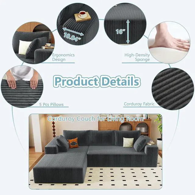 Alt view image 4 of 6 - 96" Cloud Sectional Couch with L-Shape Chaise, Modern Corduroy Boneless Couch for Living Room,Memory Foam Sofa with Deep Seat,No Assembly Required (Grey,Left-Facing Chaise)
