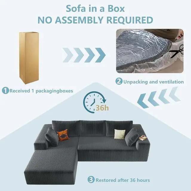 Alt view image 6 of 6 - 96" Cloud Sectional Couch with L-Shape Chaise, Modern Corduroy Boneless Couch for Living Room,Memory Foam Sofa with Deep Seat,No Assembly Required (Grey,Left-Facing Chaise)