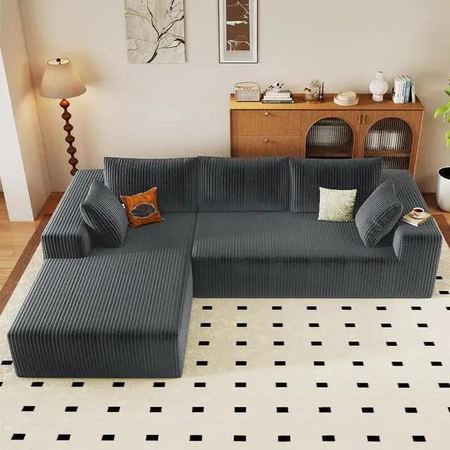 Alt view image 5 of 6 - 96" Cloud Sectional Couch with L-Shape Chaise, Modern Corduroy Boneless Couch for Living Room,Memory Foam Sofa with Deep Seat,No Assembly Required (Grey,Left-Facing Chaise)