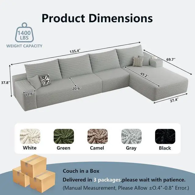 Alt view image 2 of 7 - 135.4" Cloud Sectional Couch with L-Shape Chaise, Modern Corduroy Boneless Couch for Living Room,Memory Foam Sofa with Deep Seat,No Assembly Required (Grey,Right-Facing Chaise)