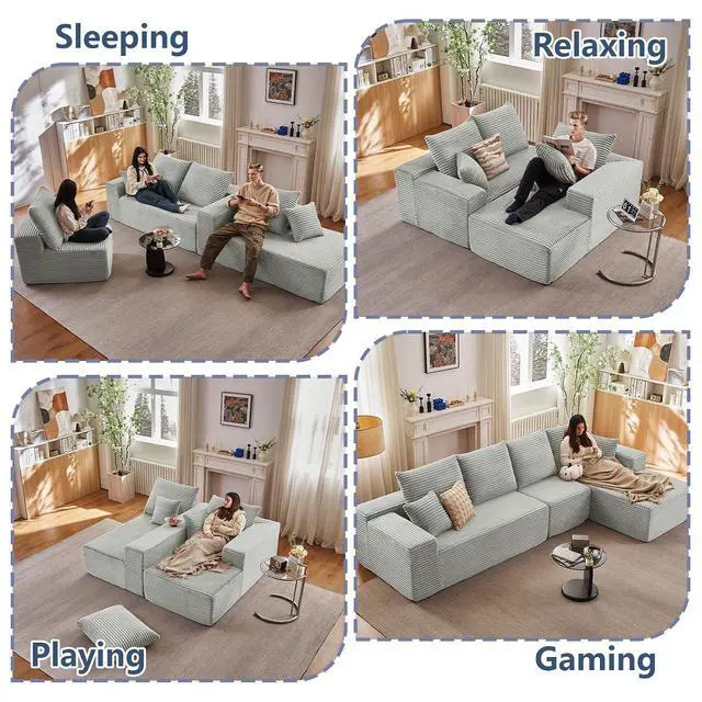 Alt view image 3 of 7 - 135.4" Cloud Sectional Couch with L-Shape Chaise, Modern Corduroy Boneless Couch for Living Room,Memory Foam Sofa with Deep Seat,No Assembly Required (Grey,Right-Facing Chaise)