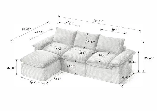 Alt view image 2 of 6 - 111" Cloud Sectional Couch with L-Shape Chaise, Modern Corduroy Viral Boneless Sofa for Living Room,Memory Foam Couces in a Box with Deep Seat,No Assembly Required (White)