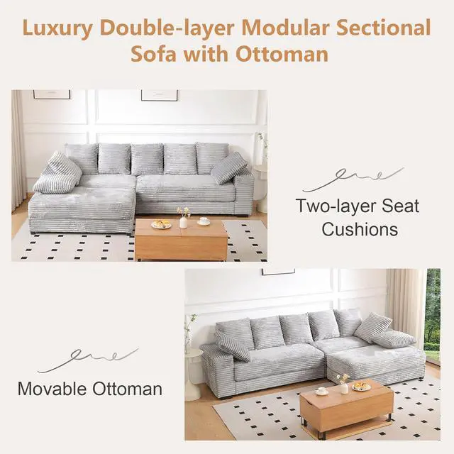 Alt view image 5 of 7 - 108.6" Corduroy Modular Sectional Sofa with Ottoman & Storage, Modern Deep-Seat L-Shaped Sectional with 8 Pillows, Cloud-Like Couch for Living Room, Office & Apartment, Light Grey
