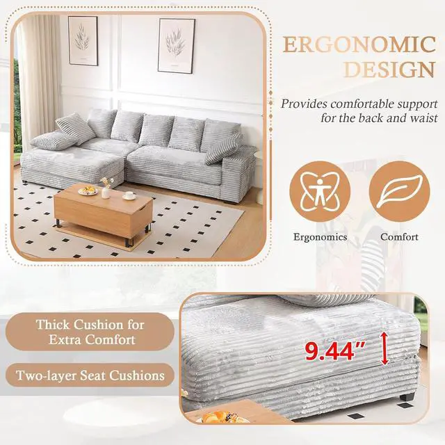 Alt view image 4 of 7 - 108.6" Corduroy Modular Sectional Sofa with Ottoman & Storage, Modern Deep-Seat L-Shaped Sectional with 8 Pillows, Cloud-Like Couch for Living Room, Office & Apartment, Light Grey