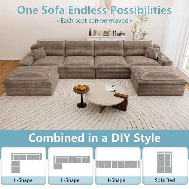 Alt view image 4 of 7 - 136" Cloud Sectional Couch with U-Shaped Chaise,4-Seater Corduroy Viral Boneless Sofa with Ottoman,Memory Foam Couches in a Box with Deep Seat for Living Room,No Assembly Required, Camel