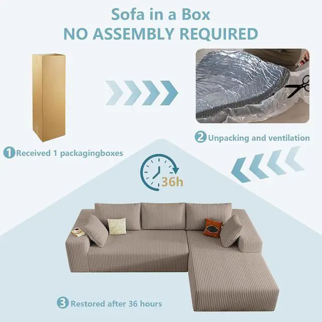 Alt view image 7 of 7 - 96" Boneless Couches for Living Room,Cloud Sectional Couch with L-Shape Chaise, Modular Corduroy Memory Foam Sofa with Deep Seat for Apartment, No Assembly Required(Camel,Right-Facing Chaise)