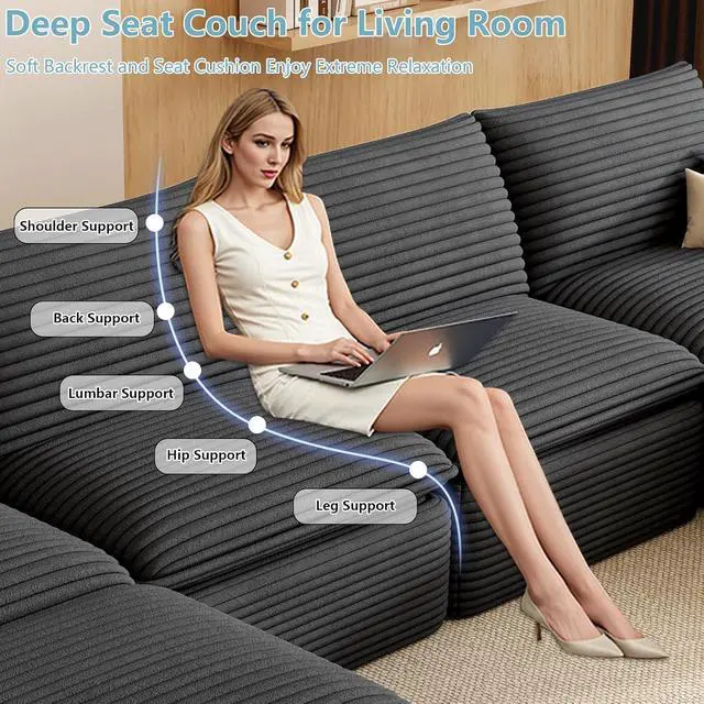Alt view image 5 of 6 - 142" Cloud Sectional Couch with U-Shaped Chaise,Corduroy Viral Boneless Sofa with Ottoman,Memory Foam Couces in a Box with Deep Seat for Living Room,No Assembly Required (Dark Grey)