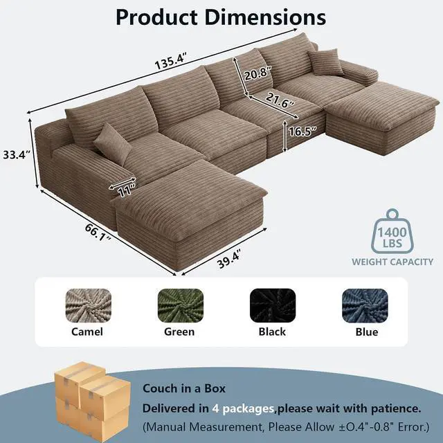 Alt view image 6 of 7 - 136" Cloud Sectional Couch with U-Shaped Chaise,4-Seater Corduroy Viral Boneless Sofa with Ottoman,Memory Foam Couches in a Box with Deep Seat for Living Room,No Assembly Required, Camel