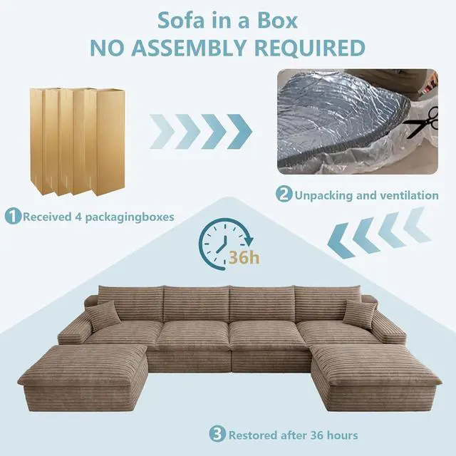 Alt view image 7 of 7 - 136" Cloud Sectional Couch with U-Shaped Chaise,4-Seater Corduroy Viral Boneless Sofa with Ottoman,Memory Foam Couches in a Box with Deep Seat for Living Room,No Assembly Required, Camel