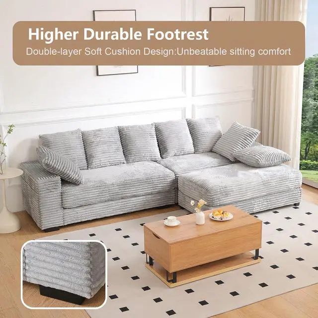 Alt view image 7 of 7 - 108.6" Corduroy Modular Sectional Sofa with Ottoman & Storage, Modern Deep-Seat L-Shaped Sectional with 8 Pillows, Cloud-Like Couch for Living Room, Office & Apartment, Light Grey