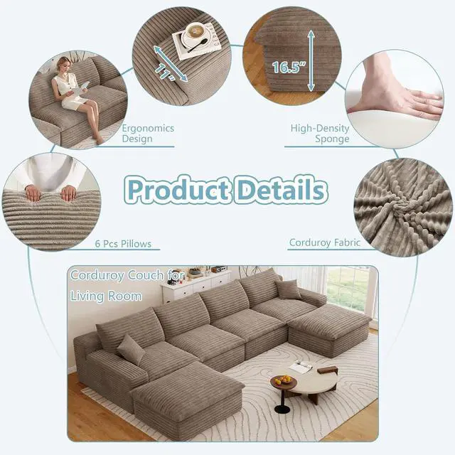 Alt view image 3 of 7 - 136" Cloud Sectional Couch with U-Shaped Chaise,4-Seater Corduroy Viral Boneless Sofa with Ottoman,Memory Foam Couches in a Box with Deep Seat for Living Room,No Assembly Required, Camel