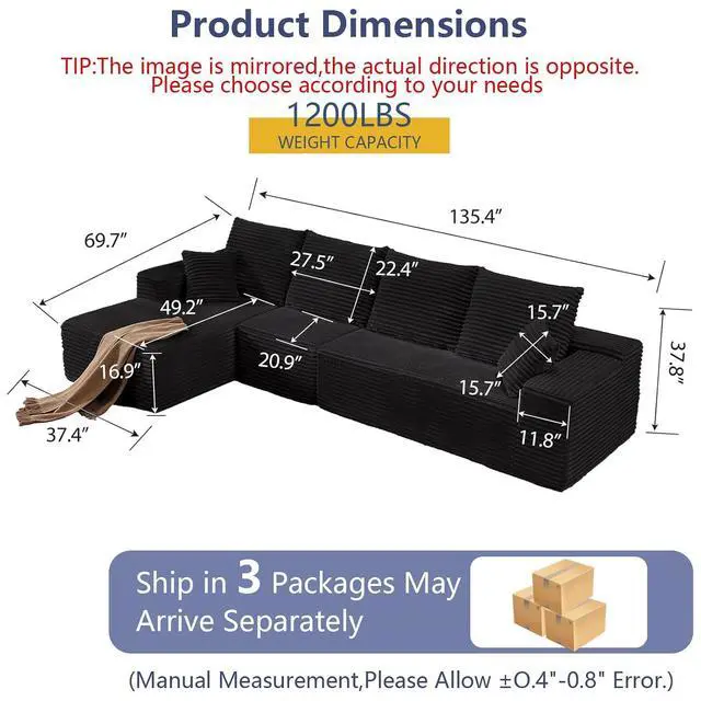 Alt view image 2 of 7 - 135.4" Cloud Sectional Couch with L-Shape Chaise, Modern Corduroy Boneless Couch for Living Room,Memory Foam Sofa with Deep Seat,No Assembly Required (Black,Left-Facing Chaise)