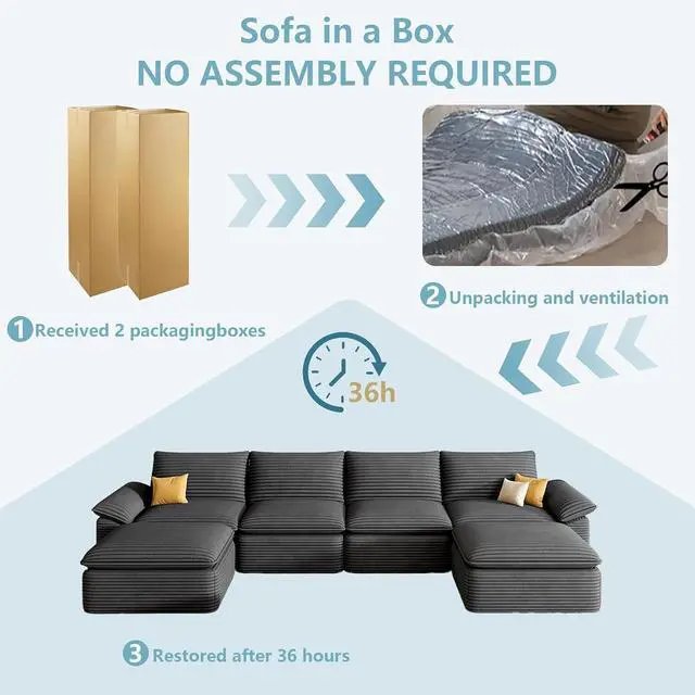 Alt view image 6 of 6 - 142" Cloud Sectional Couch with U-Shaped Chaise,Corduroy Viral Boneless Sofa with Ottoman,Memory Foam Couces in a Box with Deep Seat for Living Room,No Assembly Required (Dark Grey)