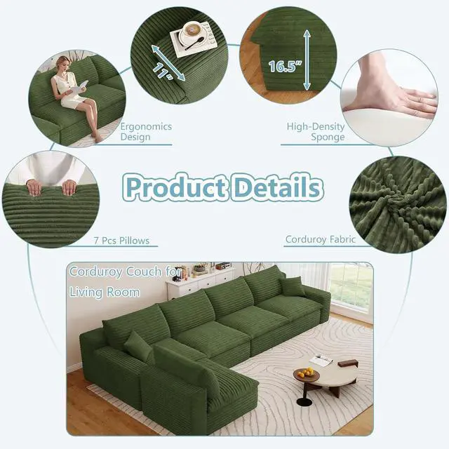 Alt view image 3 of 7 - 136" Oversized Cloud Sectional Couch with L-Shaped Chaise,5-Seater Corduroy Viral Boneless Sofa,Memory Foam Couches in a Box with Deep Seat for Living Room,No Assembly Required,Green