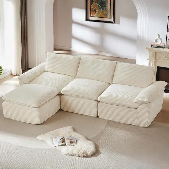 Alt view image 4 of 6 - 111" Cloud Sectional Couch with L-Shape Chaise, Modern Corduroy Viral Boneless Sofa for Living Room,Memory Foam Couces in a Box with Deep Seat,No Assembly Required (White)