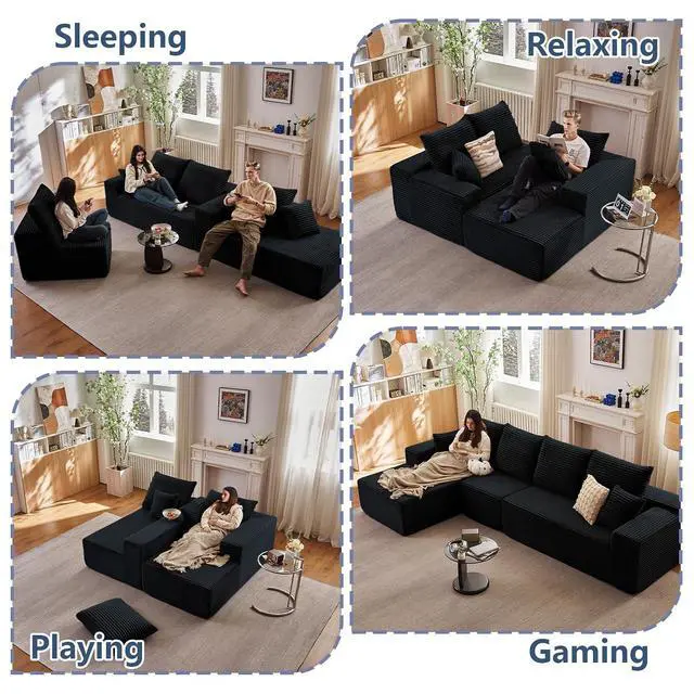 Alt view image 3 of 7 - 135.4" Cloud Sectional Couch with L-Shape Chaise, Modern Corduroy Boneless Couch for Living Room,Memory Foam Sofa with Deep Seat,No Assembly Required (Black,Left-Facing Chaise)