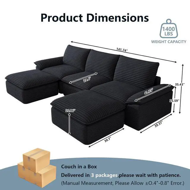 Alt view image 2 of 6 - 111" Cloud Sectional Couch with U-Shaped Chaise,Corduroy Viral Boneless Sofa with Ottoman,Memory Foam Couces in a Box with Deep Seat for Living Room,No Assembly Required (Black)