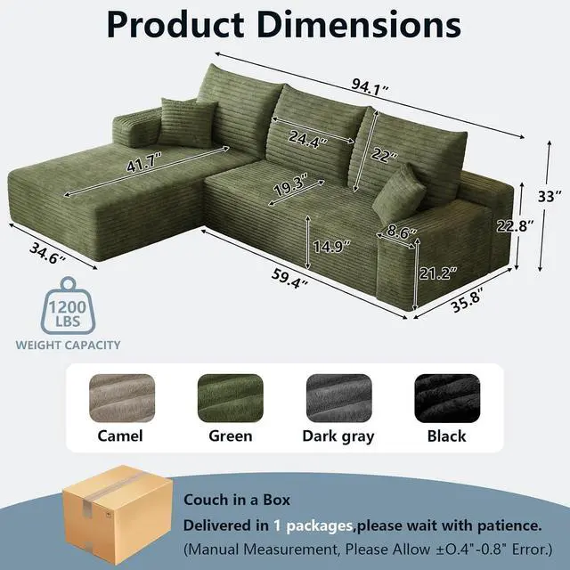 Alt view image 2 of 7 - 95" Cloud Sectional Couch with L-Shape Chaise, Modern Corduroy Boneless Couch for Living Room,Memory Foam Sofa with Deep Seat,No Assembly Required (Green,Left-Facing Chaise)