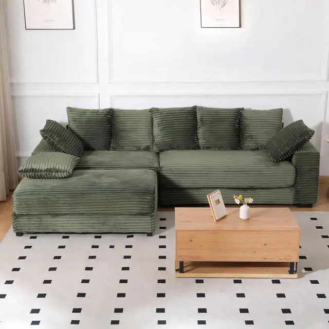 Alt view image 5 of 6 - 108.6" Corduroy Modular Sectional Sofa with Ottoman & Storage, Modern Deep-Seat L-Shaped Sectional with 8 Pillows, Cloud-Like Couch for Living Room, Office & Apartment, Green