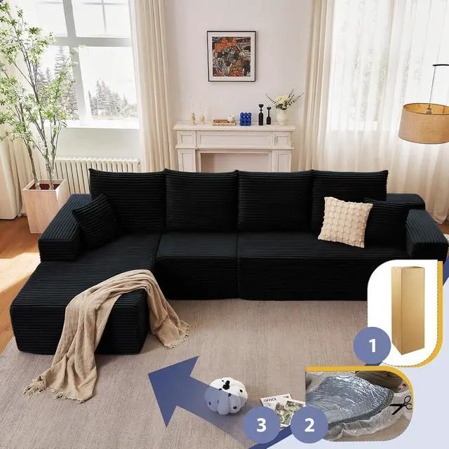Alt view image 5 of 7 - 135.4" Cloud Sectional Couch with L-Shape Chaise, Modern Corduroy Boneless Couch for Living Room,Memory Foam Sofa with Deep Seat,No Assembly Required (Black,Left-Facing Chaise)