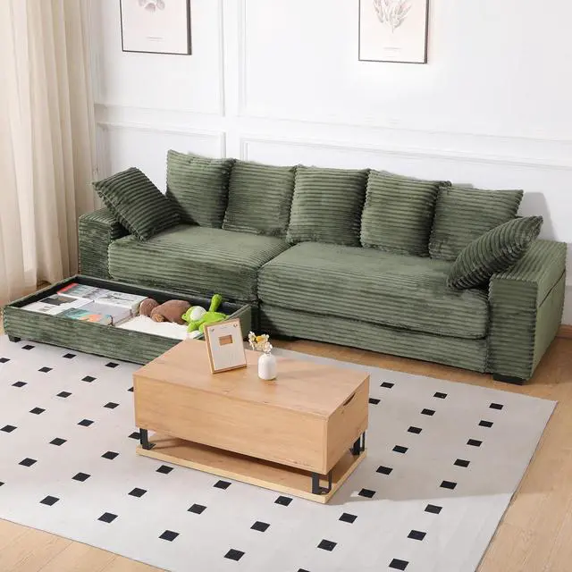 Alt view image 3 of 6 - 108.6" Corduroy Modular Sectional Sofa with Ottoman & Storage, Modern Deep-Seat L-Shaped Sectional with 8 Pillows, Cloud-Like Couch for Living Room, Office & Apartment, Green